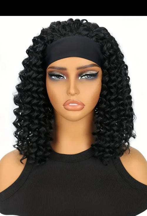 12" Short Curly Headband Wig for Women - Synthetic Afro Half Wig with Attached Black Elastic Band, Voluminous Curls for Natural Look, Fit for All Ethnicities, Casual & Special Occasions, Short Hair Wig, Everyday Hairpiece, Comfortable Rose Net